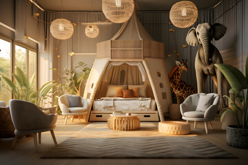Fototapeta na wymiar childrens room with a modern safari inspired design