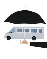 Hand hold umbrella in front of bus. vector illustration