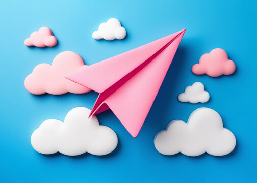 Pink paper airplane on blue background with voluminous white clouds. volumetric elements. Flat lay