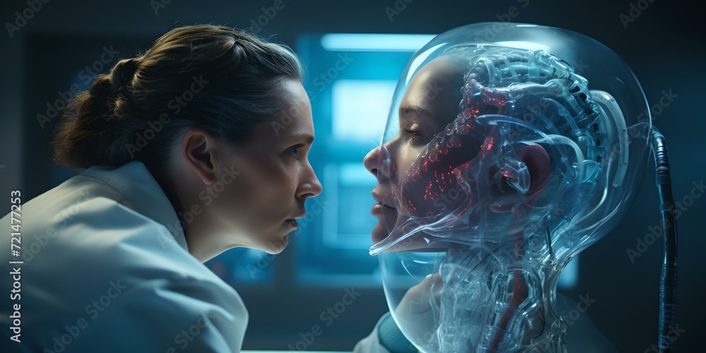 Poster futuristic interaction between human and ai. conceptual tech encounter. scientist examines artificia