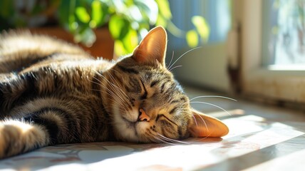 Tabby cat napping peacefully in a sunlit room