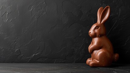 A solitary chocolate bunny figure against a dark textured backdrop - obrazy, fototapety, plakaty