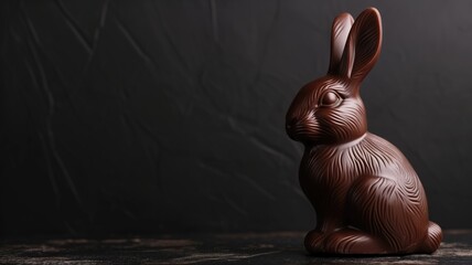 A chocolate Easter bunny on a dark wooden surface - obrazy, fototapety, plakaty
