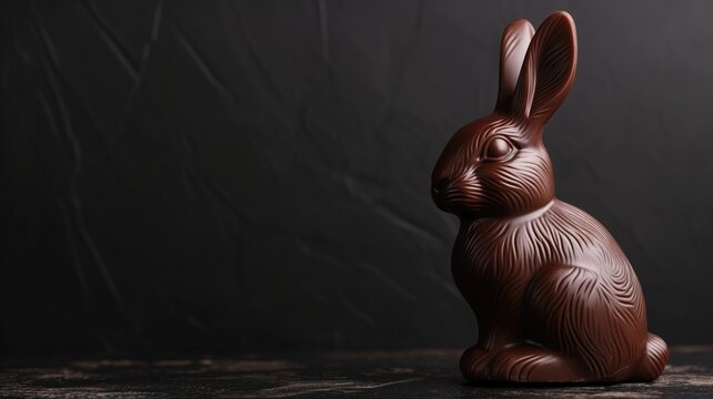 A chocolate Easter bunny on a dark wooden surface