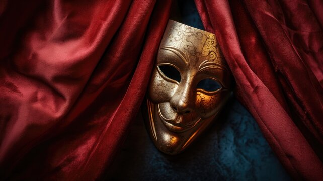 Golden Venetian mask against luxurious red satin curtain