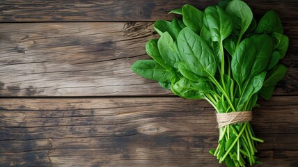 Bunch of vibrant green spinach leaves tied on rustic wooden planks