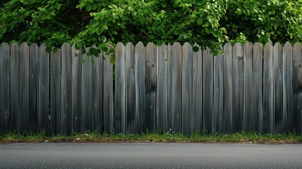 Weathered wooden fence with lush green foliage peeking over the top