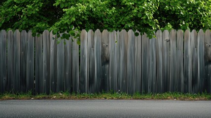 Fototapeta premium Weathered wooden fence with lush green foliage peeking over the top