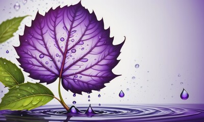 a stylized illustration of a purple leaf with water droplets