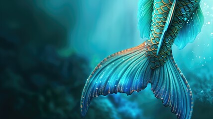 Sparkling mermaid tail emerging from the depths of a blue ocean - obrazy, fototapety, plakaty