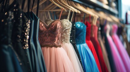 Vibrant evening gowns hanging on a rack in a boutique