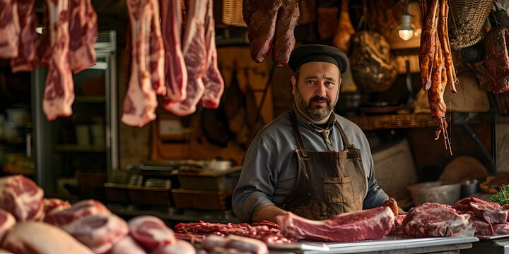 Traditional Butcher Shop Scene With Assorted Meats. Butcher In Apron Posing Proudly. Small Business And Craftsmanship Concept. AI