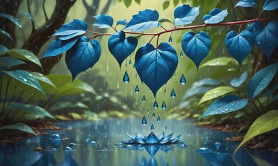 a stylized illustration showcasing the play of light on the blue leaves, each droplet acting as a tiny prism 