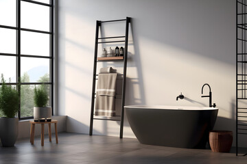 contemporary bathroom with a sleek towel rack - obrazy, fototapety, plakaty