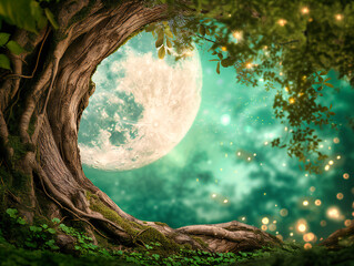 Fantasy Night under Full Moon: Dark Silhouette of Trees with Bright Lunar Light in Sky