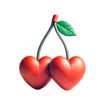 Two heart-shaped cherries with a leaf.  Two cherries in claymation style isolated on a transparent background.