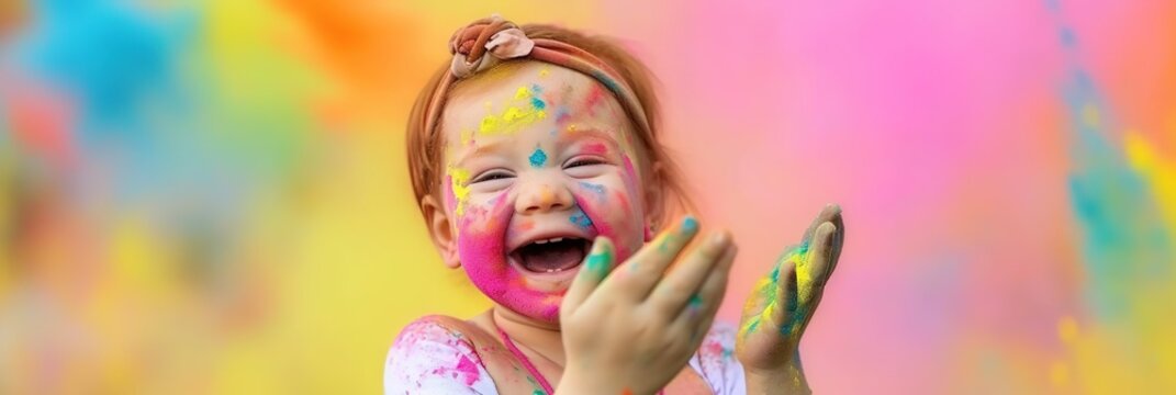 happy child at holi festival, colors of joy , vibrant celebration, youth activities, blurred colorful powder air background.