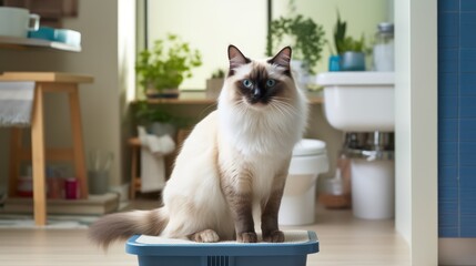 The Balinese cat sitting in cozy interior background with litter box, pet toilet care concept. - obrazy, fototapety, plakaty