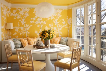 A sunlit breakfast nook with yellow patterned wallpaper, a round table, and yellow upholstered chairs.