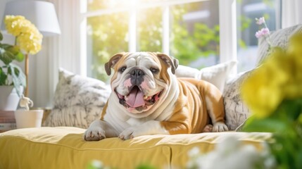 Happy Bulldog lying on a sofa, cozy interior with plants. Indoor well lit background. Dog at home.