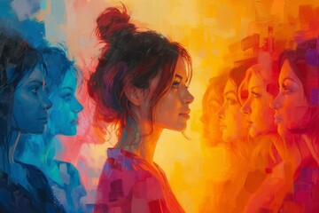 A colorful portrait of a young woman, abstract and modern, with bright colors and a creative style.