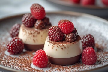 A delicate dessert with raspberries, chocolate and cream - an exquisite delight that combines sweetness and freshness.