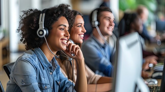 A woman with a bright smile, confidently resolving customer issues with her computer skills in a bustling call center. Copy space. 