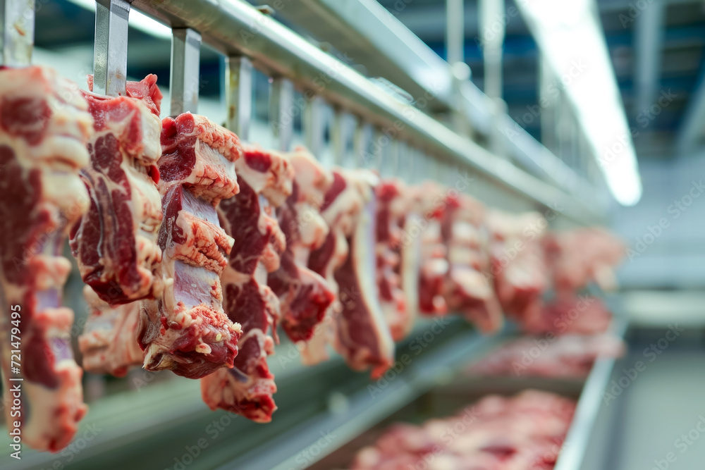 Poster meat processing plant or meat production factory. background with selective focus and copy space