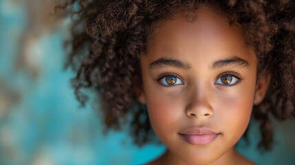 Dark skinned small girl with curly hair and beautiful eyes on blue background. Happy childhood. Natural child beauty concept. Selective focus. - obrazy, fototapety, plakaty