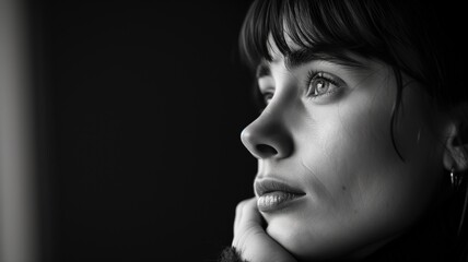 A black and white portrait of a woman in deep thought, with a reflective gaze