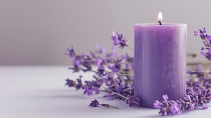 Obraz na płótnie Canvas A lit purple candle surrounded by lavender sprigs