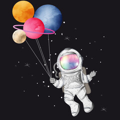 Astronaut mit bunten Planeten als Luftballons