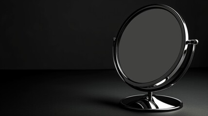 Fototapeta premium A classic round vanity mirror standing on a dark, reflective table