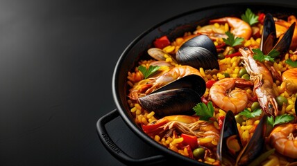 Close-up of a traditional Spanish paella with seafood
