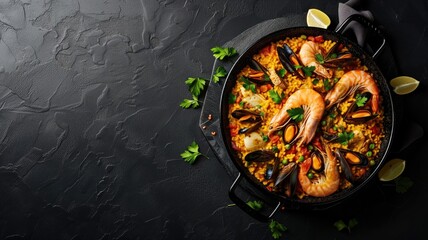 Savory seafood paella with shrimps and mussels in a pan
