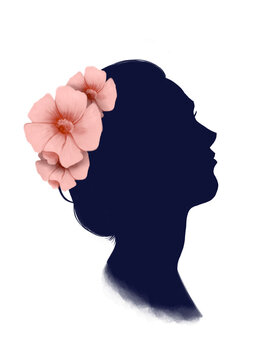 ilustraci&oacute;n de la silueta de una mujer con el cabello recogido y tres flores rosa decorando su cabello , feliz d&iacute;a internacional de la mujer 8 de marzo