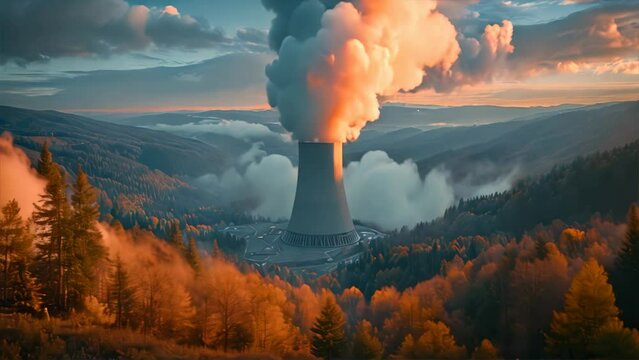 Video clip 4K of a nuclear power plant operating amidst forests and valleys.