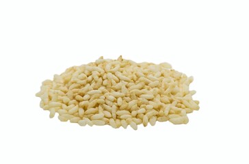 Puffed Rice or Popped Rice Heap Isolated on White Background with Copy Space, Indian Snack Food