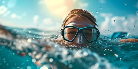 Swimmer in action, close-up underwater shot. lively, dynamic style, capturing the essence of aquatic sports. ideal for ads and sports content. AI - obrazy, fototapety, plakaty