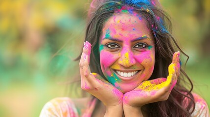 portrait happy smiling young girl celebrating holi festival, colorful face, vibrant powder paint explosion, joyous festival.