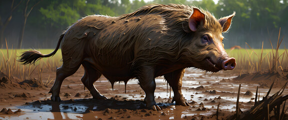 Wild Boar Roaming Through a Muddy Wetland illustration