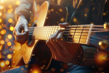 Obraz premium Close-up of man playing guitar dreamy gold bokeh and sparkle.jpeg