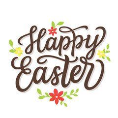 Happy Easter. Hand lettering text with flowers and leaves on white background. Vector typography for posters, greeting cards, banners, flyers - 721480876