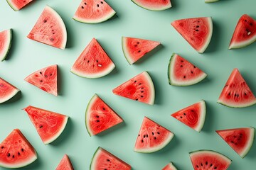 Vegetarian pattern of fresh ripe juicy watermelon fruit on a light green background.jpeg