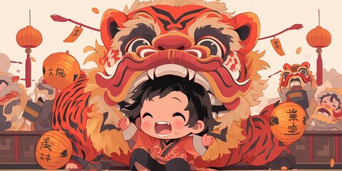  Child and barongsai playing at hill , Chinese new year