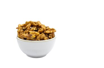 Walnut in a White Bowl Isolated on White Background with Copy Space in Horizontal Orientation