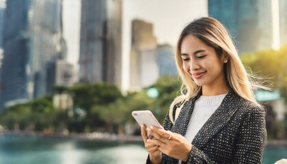 attractive beautiful young blond or European woman using and texting on her smart phone mobile for service 5g digital communication and online social media city banner 