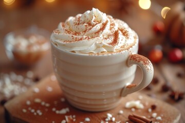 Indulge in a cozy treat as you savor the creamy goodness of a steaming cup of hot chocolate topped with whipped cream and a sprinkle of cinnamon, served on a stylish saucer alongside a delicious past