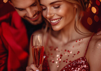 Happy couple wearing red fashion dress and tuxedo holding champagne glass on red lounge in night club.Macro.AI Generative.