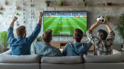 three people are seen from the back, seated on a couch, raising their arms in excitement while watching a sports game on television